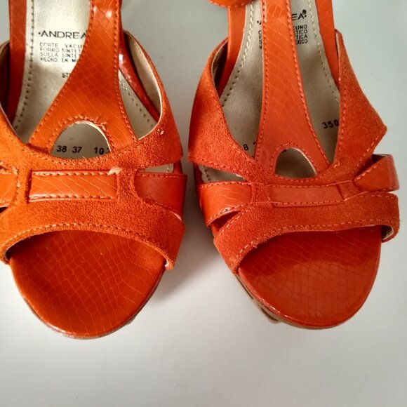 Andrea orange wooden platform toe strap peep toe heels - Picture 5 of 9